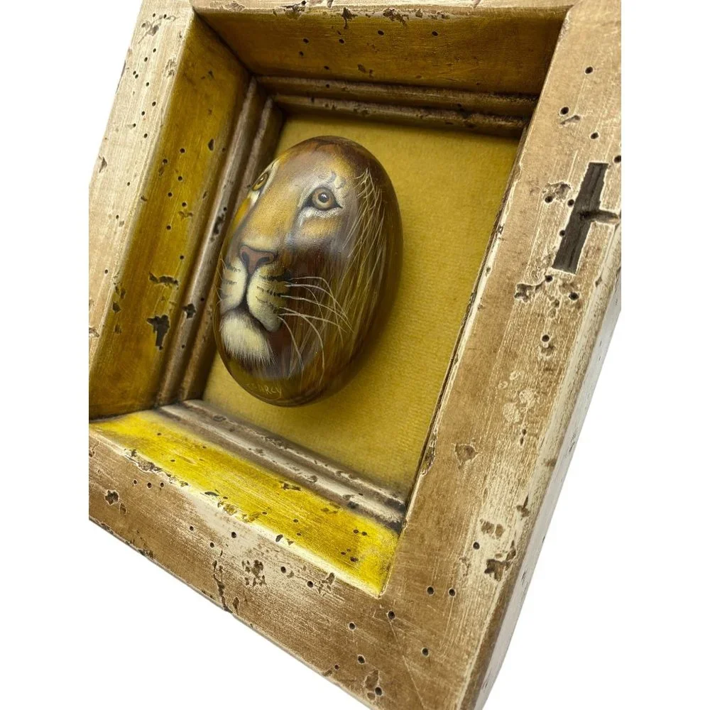 African hand painted lions face on‎ stone egg framed signed Searcy rustic